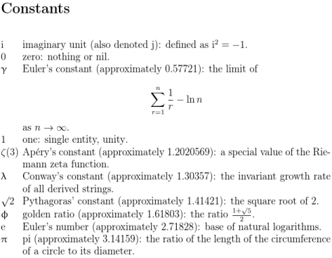 image of glossary with the constant's symbol followed by the description (and value or other representation)